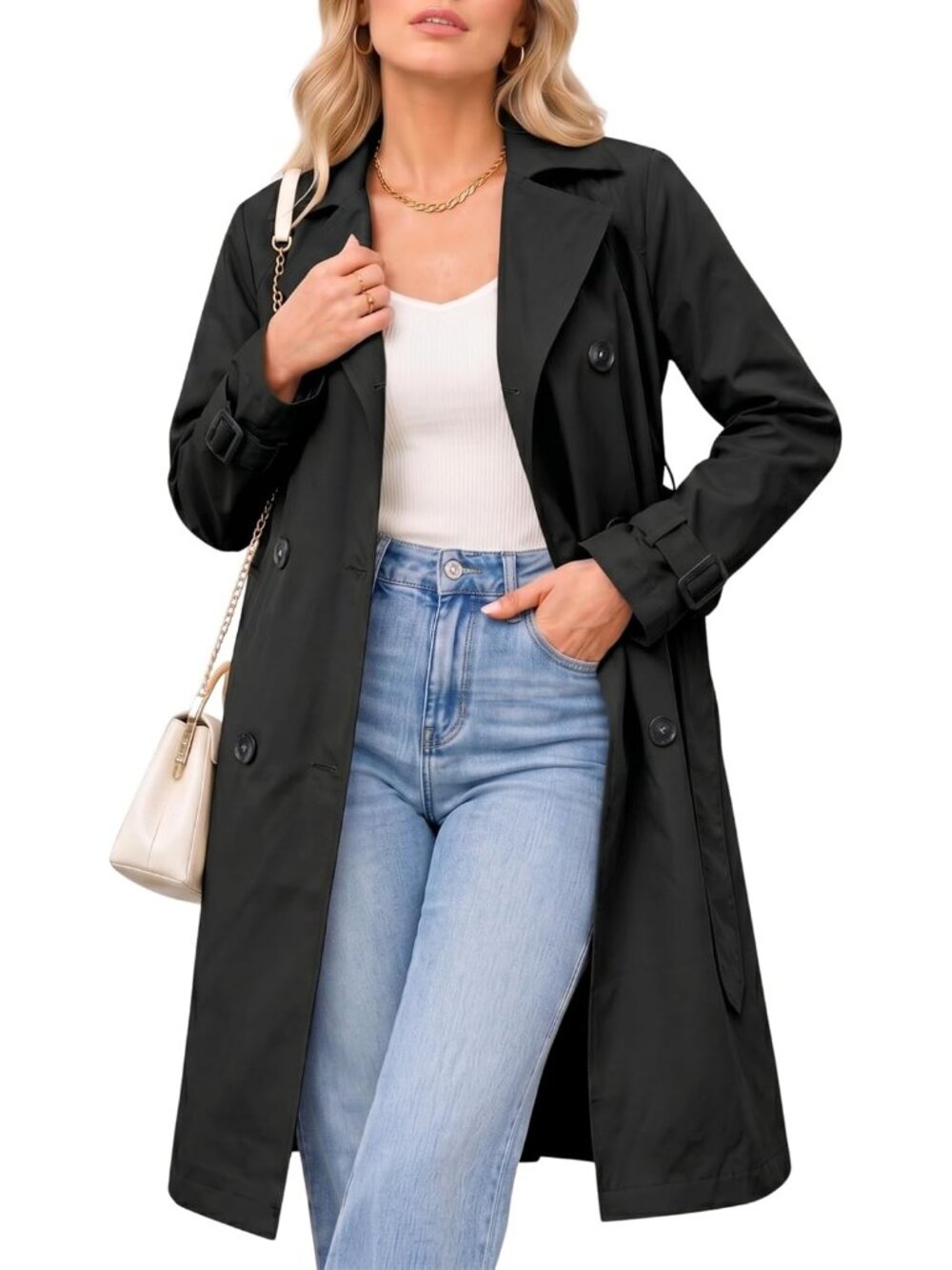 Steve Madden Women's Black Long Oversized Notch Collar Lapel Trench Coats